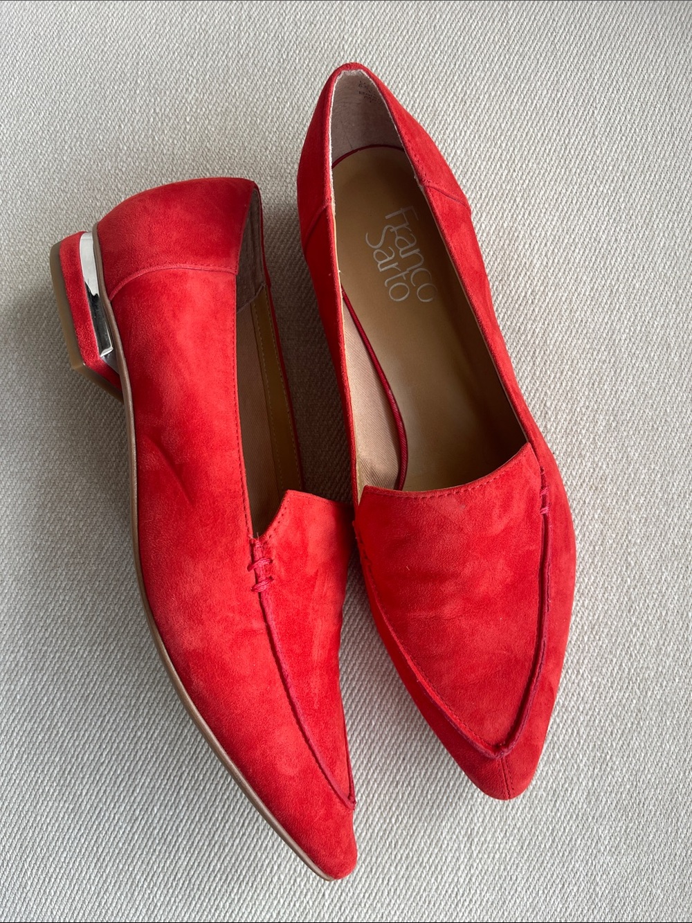 Franco Sarto | Red Suede Pointed Loafers with Metallic Heel Accent | 8.5